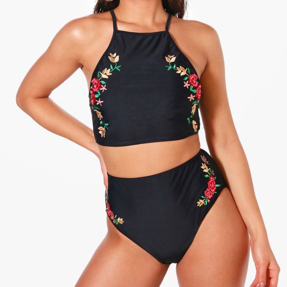 KAMALAME EMBROIDERED HIGH WAIST CROP BIKINI - SIZE 12
